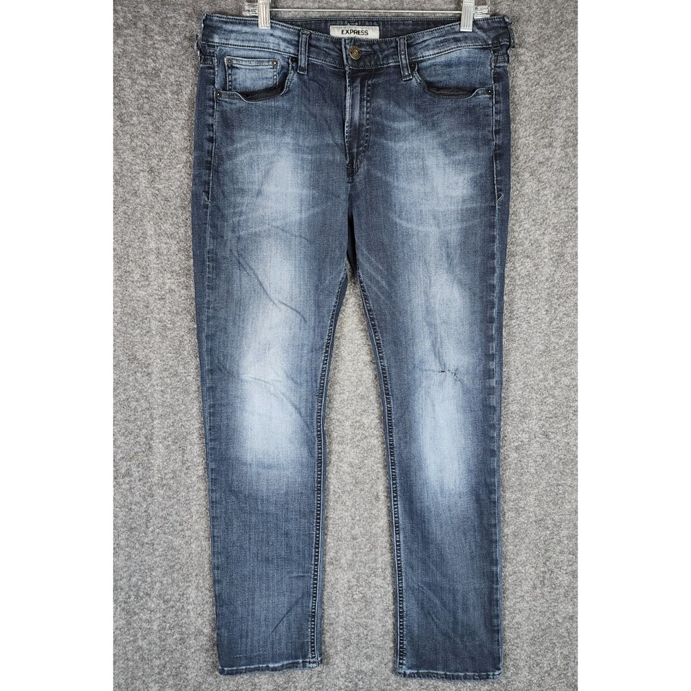 Express Jeans Mens 34x32 Slim Skinny Blue Denim Faded Whiskered 02284013 EUC